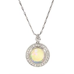 18ct white gold opal and diamond circular pendant, on 18ct white gold necklace, both hallmarked