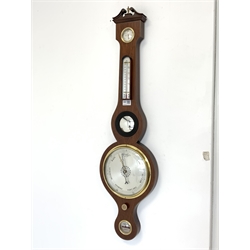  George III style mahogany wheel barometer and thermometer, with string inlay and silvered registers, by Russell of Norwich (H97cm)  