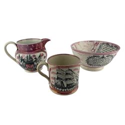 19th century Sunderland pink lustre bowl printed with verse 'May Peace and Plenty' and 'Glide on my Bark', the interior with verse and the Iron Bridge, pink lustre jug printed with the Mariners Arms and Sailors Farewell H14cm and a pink lustre mug (3)