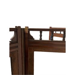 Late 19th century mahogany three panel folding screen, moulded frame detail and spindle balustrade top