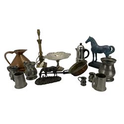 Pewter measures, brass table lamp, plated cake dish, resin horses etc