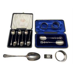 18th century silver lace back spoon London circa 1774,  cased pair of silver preserve spoons with floral stems cased set of six silver coffee spoons, serviette rings etc 5.7oz