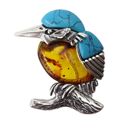 Silver Balic amber and turquoise kingfisher brooch, stamped 925