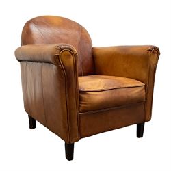 Club chair armchair upholstered in tan leather, arched back and rolled arms, on square tapering supports