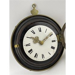 Joseph Boult of London – early 18th century Sedan clock c1720, with a turned hardwood 6” dial surround and 3-1/2” enamel dial with roman numerals, minute markers and pierced brass hands, with a concave glass and brass bezel, Verge fusee movement with a wide footed pierced backcock and silvered tompion regulator, top plate engraved “Jo Boult, London, 150”. Chain driven fusee and pierced foliate movement pillars. Joseph Boult is recorded as being apprenticed in London in 1702 and a member of the London clockmakers company 1710-25.