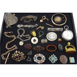 Victorian and later jewellery including gold enamel and hairwork mourning brooch, silver enamel filigree brooch, large Indian scent ring, garnet brooches, gold-plated Albert chain, silver pocket watch, silver-gilt bangle, gold cameo ring, etc