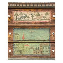 Possibly Swedish 19th century painted pine chest, the projecting reeded cornice over three drawers painted with folk art scenes, the top drawer depicting naive trees and birds flanked by stylised floral motifs, above a landscape scene, raised on turned feet