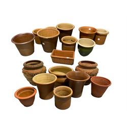 Collection of garden planters and plant pots - pair terracotta bowl shaped planters decorated with floral garlands (H41cm, D40cm), various salt-glazed and terracotta pots (18)