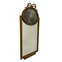 19th century gilt framed trumeau wall mirror, the pierced ribbon bow pediment atop the oval hand-coloured engraving, rectangular bevelled plate in a semi-lunar shape around the engraving, the frame with arcade design and beading