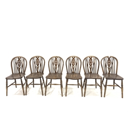 Set six late 19th century beech and ash hoop and spindle back chairs with saddle seats, raised on ring turned supports, W37cm