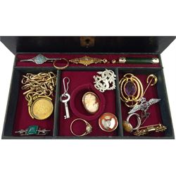 Victorian and later jewellery including gold bar brooch set with a diamond, Chester 1913, two gold stone set rings, cameo brooch and pair of gold earrings, all 9ct, gold horseshoe pin, silver brooches, all hallmarked or tested, gilt watch chains and other jewellery