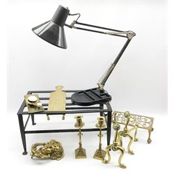 Brass cribbage marker, pair of brass fire dogs, two trivets etc and an anglepoise lamp
