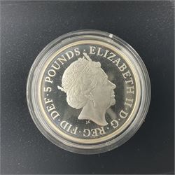 Four The Royal Mint United Kingdom 2017 silver proof piedfort five pound coins, comprising 'The Sapphire Jubilee of Her Majesty The Queen', 'The 1000th Anniversary of the Coronation of King Canute', 'The Centenary of the House of Windsor' and 'The Platinum Wedding Anniversary', all cased with certificates (4)