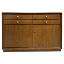 Oak sideboard, the rectangular top over four short drawers and two cupboard doors, opening to reveal one fixed shelf