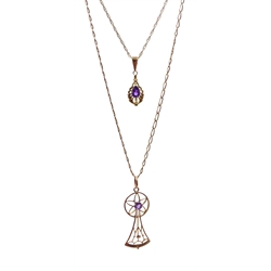 Two 9ct gold amethyst pendant necklaces, hallmarked, stamped or tested