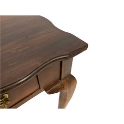 Georgian design hardwood side table, rectangular top with shaped edge, fitted with single drawer with pressed pierced brass handle plates, raised on cabriole supports with ball and claw feet