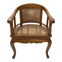Hardwood tub tub chair, double caned back over open arms and cane seat, raised on cabriole front supports W61cm