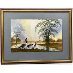 R. Butler (British Contemporary): Geese in Wetland with Impressionist Trees, watercolour signed and dated 1989, 34cm x 52cm