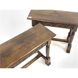 Pair 20th century oak joint stools, moulded rectangular tops over lunette carved frieze, turned out splayed supports jointed by stretchers