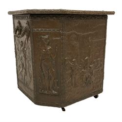 Large 19th century wooden and brass repousse coal box, rectangular form with canted front, enclosed by hinged lid decorated with figural countryside scene, the front panel depicting tavern scene at the 'Scours Contre la Soif' and initialled 'Ete', the remaining panels decorated with mythical scenes, with metal lining and hinged carrying handles, on castors

