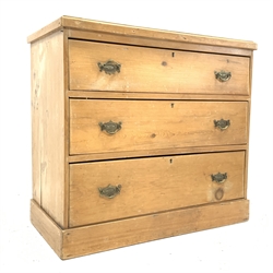  Late 19th century pine chest fitted with three drawers, skirted base, W89cm, H80cm, D44cm  