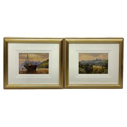 Donald Ayres (British 1936-): Fishing Boat in Whitby North Bay and Whitby Abbey from the Moors, pair oils on board signed 12cm x 17cm (2)