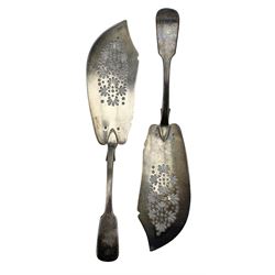 Pair of early Victorian Irish silver fiddle pattern fish slices with pierced blades and engraved with bird crests Dublin 1838 double struck,  Makers marks for Edward Twycross and Philip Weekes L31cm 