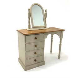 20th century painted pine dressing table, the top raised on a bank of four drawers and turned supports, (104cm x 45cm, H80cm) with an assosiated painted pine table top dressing mirror 