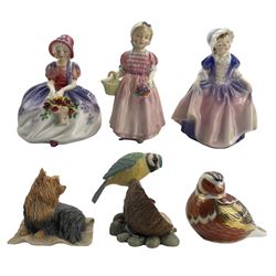 Three Royal Doulton figures, Monica HN1467, Dinky Do HN1678, Tinkle Bell HN1677, Royal Crown Derby Robin paperweight with silver stopper and two small Border Fine Arts figures by Ray Ayres (6)