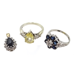 White gold sapphire and diamond cluster ring, white gold stone set ring and stone set pendant, all hallmarked 9ct