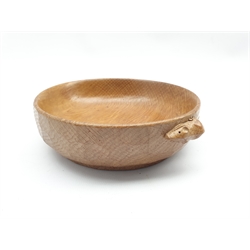 Thompson of Kilburn adzed oak Mouseman nut bowl with carved mouse signature D15cm