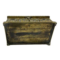 Late 19th century Gothic style brass casket, the sides and hinged lid cast with allegorical figures within lancet arches, base marked with hexagon inscribed AFC for Adolph Frankau, L22cm 