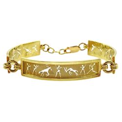 18ct gold South African bracelet, each pierced decorated panel depicting a hunting scene, stamped 750