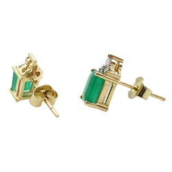 Pair of 14ct gold emerald and diamond stud earrings, stamped 585, emerald total weight approx 1.95 carat