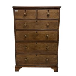 Large Victorian mahogany straight-front chest, rectangular moulded top, fitted with two short over four graduating long cock-beaded drawers, each with turned handles, lower moulded edge over bracket feet