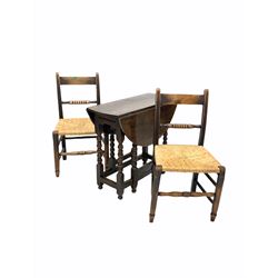 18th century oak drop leaf table, the oval top raised on bobbin turned supports with gate leg action, together with a pair of 19th century stained oak dining chairs with rush seat 