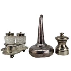 Silver 'Peter Piper' pepper mill London 1986 Maker Hersey & Son, silver three division cruet with two glass and silver bottles Birmingham 1896 and a plated wine funnel (3)