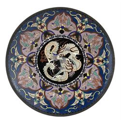 Japanese Meiji Cloisonne circular dish, centrally decorated with a dragon, within a lappet border, D30.5cm 