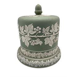 Large Victorian Jasperware cheese dome, decorated with a continuous band of foliage and acorn finial, H31cm