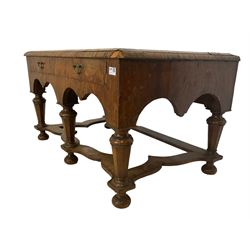 18th century inlaid walnut base for chest-on-stand, fitted with single drawer, the facia decorated with scrolling ebony and satinwood inlays, on spiral turned supports united by shaped stretcher, on ebonised feet (W105cm D63cm H50cm); and 18th century elm base, fitted with single drawer over multi-arch shaped apron, on tapered octagonal supports united by shaped stretcher (W101cm D62cm H55cm) 