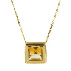 14ct gold single stone princess cut citrine pendant, on 18ct gold chain, both stamped