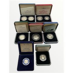 The Royal Mint United Kingdom silver proof coins, 1982 piedfort twenty-pence, 1986 Commonwealth Games two pounds, 1989 two pounds two coin set, 1990 five pence two-coin set, 1994 D-Day fifty pence coin, 1994 Tercentenary of the Bank of England two pounds and 1995 Second World War two pounds, all cased with certificates (7)