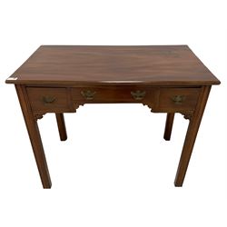 Georgian design mahogany low boy table, rectangular top over three drawers, fitted with three drawers flanked by pierced fretwork brackets, raised on fluted and chamfered supports