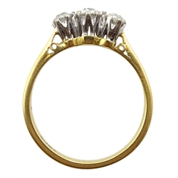 Gold three stone old cut diamond ring, stamped 18ct, central diamond approx 0.30 carat