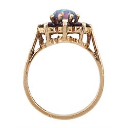 9ct gold opal and garnet cluster ring, hallmarked