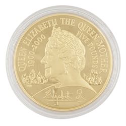 Queen Elizabeth II 2000 gold proof five pound coin, 'Queen Elizabeth The Queen Mother Centenary Year Gold Centenary Crown', cased with certificate