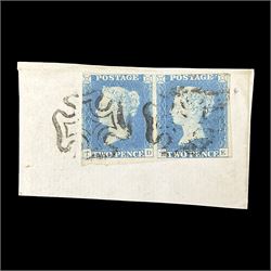Pair of Queen Victoria 1840 two penny blue stamps, each with black MX cancel on piece