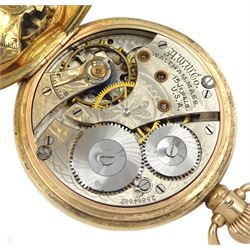 9ct gold full hunter 15 jewels keyless pocket watch by Waltham U.S.A, No. 25684892,  white enamel dial with Roman numerals and subsidiary seconds dial, case by Dennison, Birmingham 1924