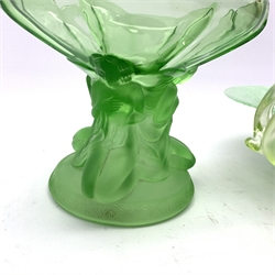  Vintage green glass pedestal bowl supported by three kneeling women H20cm, green Vasart type bowl and a pressed glass bowl and frog (3)  