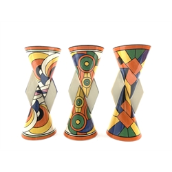 Three Wedgwood limited edition Clarice Cliff design Yo-Yo vases comprising 'Sliced Circle', 'Cubist' and 'Swirls', each with certificate of authenticity and box (3) 
